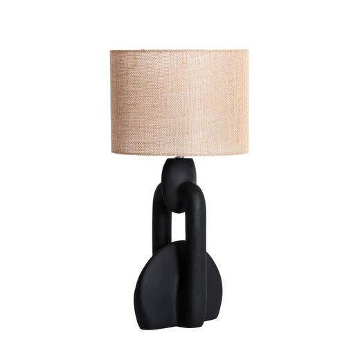 Lámpara de sobremesa de resina y rafia en negro y beige, 27 x 27 x 67 cm | Orel