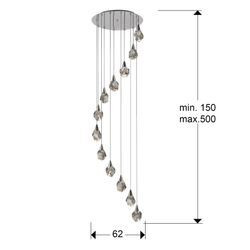 Candeeiro de tecto com 12 luzes LED de cristal e metal prateado, Ø 62 x 250 cm | Aquário