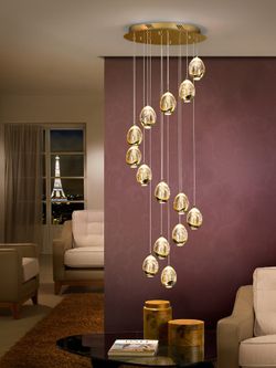 Deckenleuchte, mit 14 Flammen, aus Metall und Glas in Gold, 50 x 170 cm | Tau