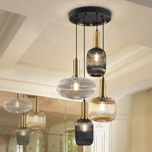 Plafondlamp met 4 lampjes in veelkleurig glas en metaal, Ø 56 x 100 cm | Regel