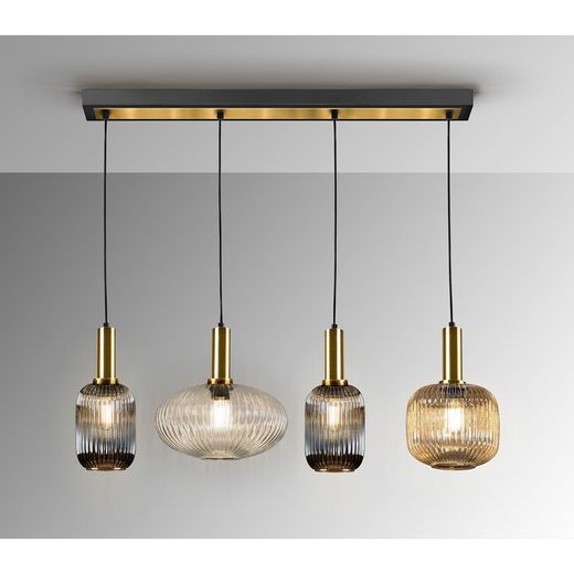 Plafondlamp met 4 lampjes in een lijn van glas en veelkleurig metaal, 98 x 30 x 33 cm | Regel