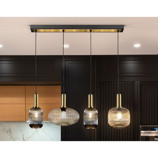 Plafondlamp met 4 lampjes in een lijn van glas en veelkleurig metaal, 98 x 30 x 33 cm | Regel