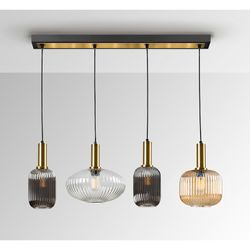 Plafondlamp met 4 lampjes in een lijn van glas en veelkleurig metaal, 98 x 30 x 33 cm | Regel