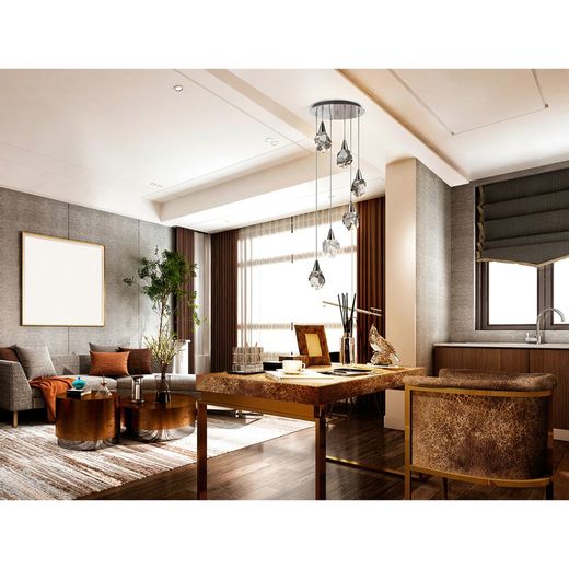 Ceiling lamp with 6 LED crystal and silver metal lights, Ø 39 x 120 cm | Aquaria