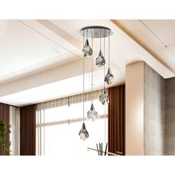 Ceiling lamp with 6 LED crystal and silver metal lights, Ø 39 x 120 cm | Aquaria