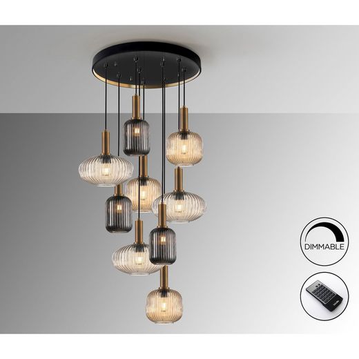 Plafondlamp met 9 lampjes in veelkleurig glas en metaal, Ø 80 x 155 cm | Regel