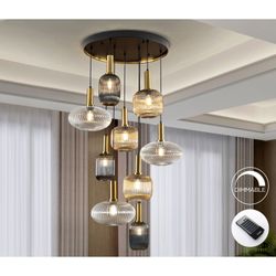 Plafondlamp met 9 lampjes in veelkleurig glas en metaal, Ø 80 x 155 cm | Regel