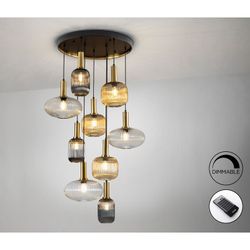 Plafondlamp met 9 lampjes in veelkleurig glas en metaal, Ø 80 x 155 cm | Regel