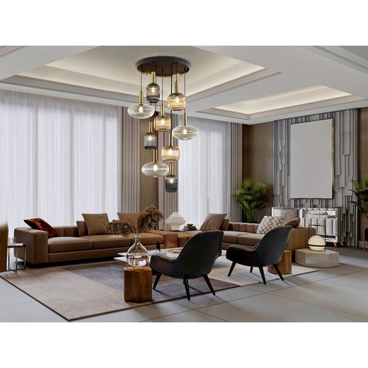 Plafondlamp met 9 lampjes in veelkleurig glas en metaal, Ø 80 x 155 cm | Regel