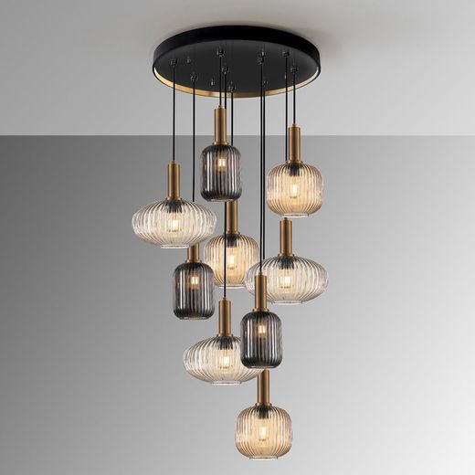 Plafondlamp met 9 lampjes in veelkleurig glas en metaal, Ø 80 x 155 cm | Regel