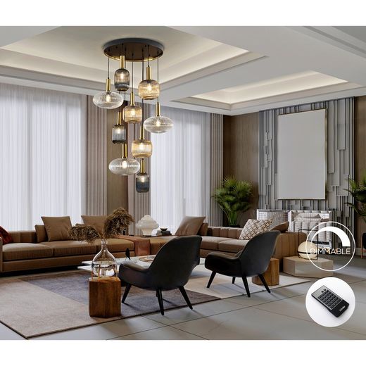 Plafondlamp met 9 lampjes in veelkleurig glas en metaal, Ø 80 x 155 cm | Regel