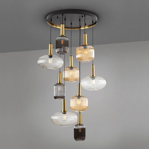 Plafondlamp met 9 lampjes in veelkleurig glas en metaal, Ø 80 x 155 cm | Regel