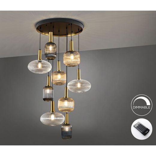 Plafondlamp met 9 lampjes in veelkleurig glas en metaal, Ø 80 x 155 cm | Regel