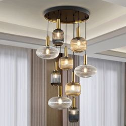 Plafondlamp met 9 lampjes in veelkleurig glas en metaal, Ø 80 x 155 cm | Regel