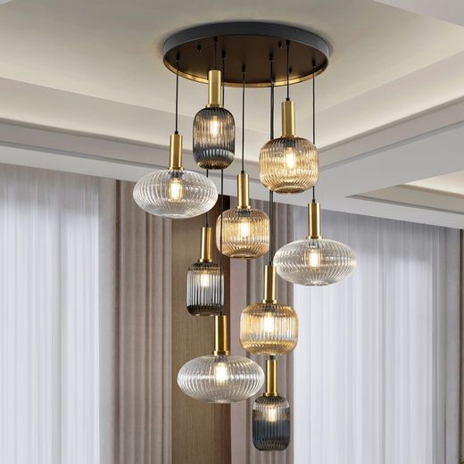 Plafondlamp met 9 lampjes in veelkleurig glas en metaal, Ø 80 x 155 cm | Regel