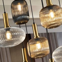 Plafondlamp met 9 lampjes in veelkleurig glas en metaal, Ø 80 x 155 cm | Regel