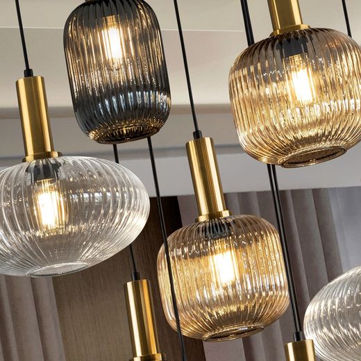 Plafondlamp met 9 lampjes in veelkleurig glas en metaal, Ø 80 x 155 cm | Regel