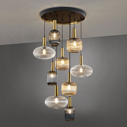 Plafondlamp met 9 lampjes in veelkleurig glas en metaal, Ø 80 x 155 cm | Regel