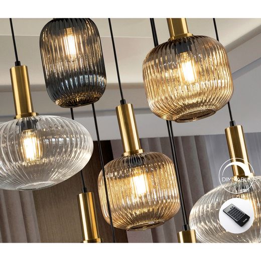 Plafondlamp met 9 lampjes in veelkleurig glas en metaal, Ø 80 x 155 cm | Regel