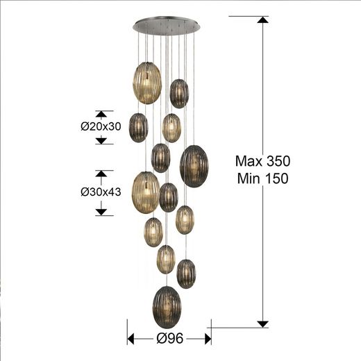 Lampa sufitowa z 13 lampkami w metalu i szkle Ovila, Ø96x300cm