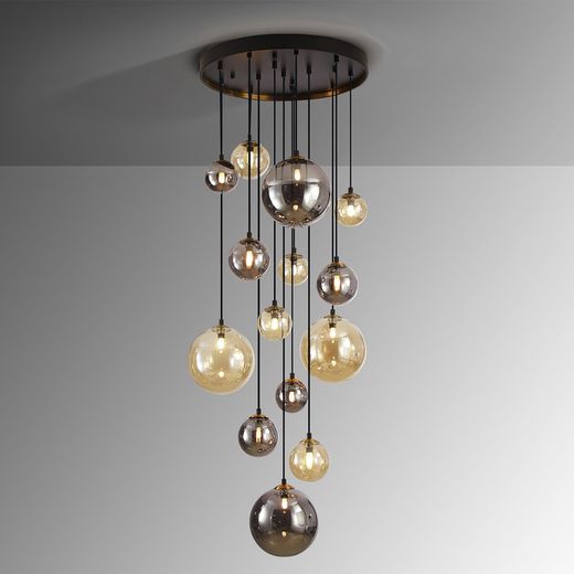 14-jasna lampa sufitowa ze szkła i metalu, ciemnoczarna/złota, Ø60x185 cm