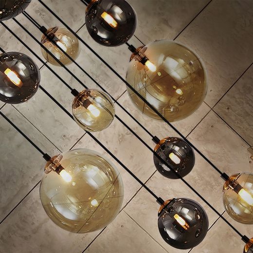 14-jasna lampa sufitowa ze szkła i metalu, ciemnoczarna/złota, Ø60x185 cm