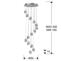 Lámpara de techo, con 14 luces, de metal y cristal en plateado, Ø 50 x 170 cm | Rocío