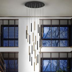 Plafoniera 25 luci Led Metallo Varas Oro/Nero, Ø90x300cm