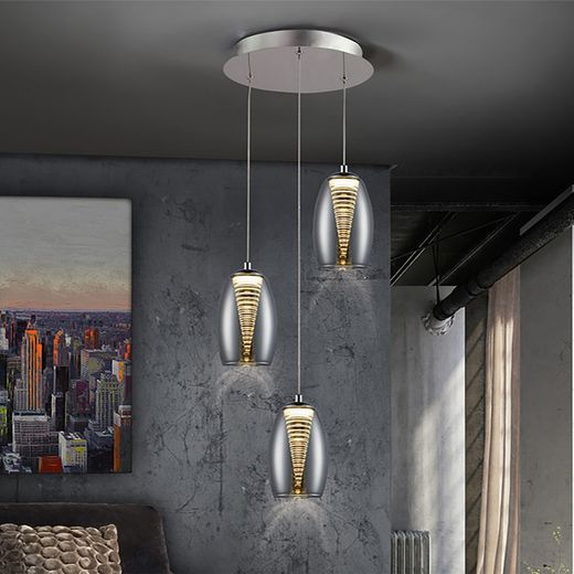 Ceiling Lamp of 3 Led Metal and Glass Nebula Mirrored lights, Ø30x85cm