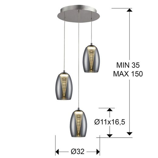 Ceiling Lamp of 3 Led Metal and Glass Nebula Mirrored lights, Ø30x85cm