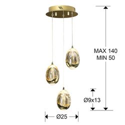 Ceiling Lamp with 3 Led Metal and Crystal Dew Gold lights, Ø25x75cm