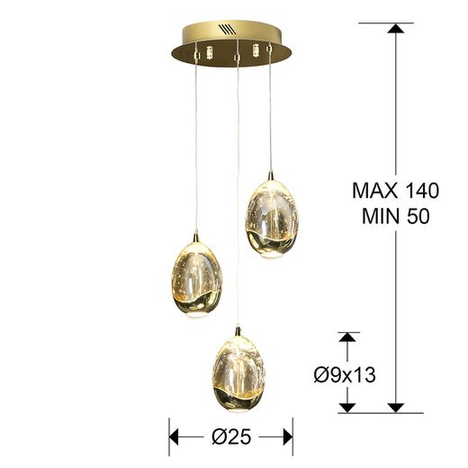 Ceiling Lamp with 3 Led Metal and Crystal Dew Gold lights, Ø25x75cm
