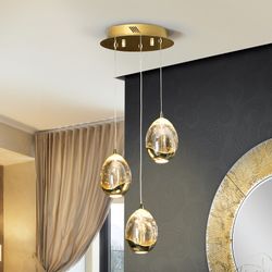 Ceiling Lamp with 3 Led Metal and Crystal Dew Gold lights, Ø25x75cm
