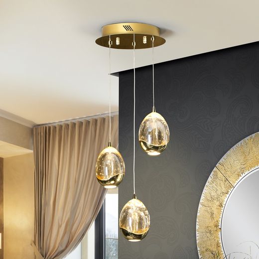 Ceiling Lamp with 3 Led Metal and Crystal Dew Gold lights, Ø25x75cm