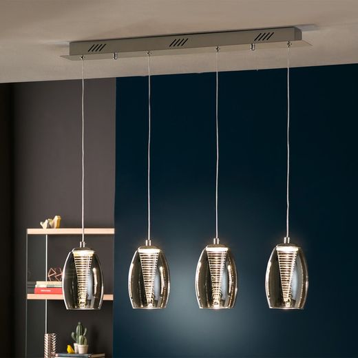 Ceiling Lamp with 4 Led Metal and Glass Nebula Mirrored lights, 72x12x18cm