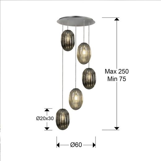 Plafonnier à 5 lumières en Métal et Verre Ovila, Ø60x160cm