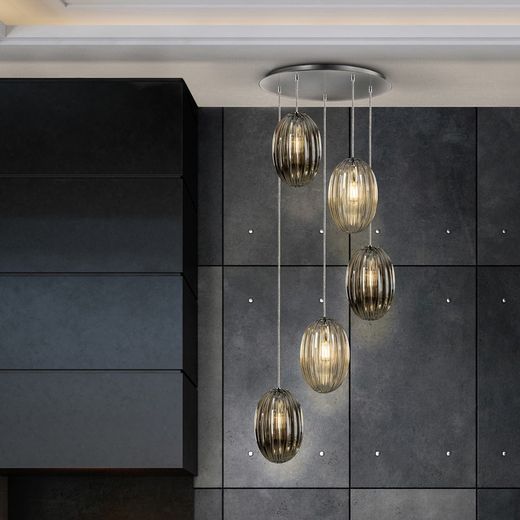 Plafonnier à 5 lumières en Métal et Verre Ovila, Ø60x160cm