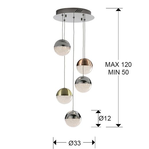 Plafonnier avec 5 lumières Led Metal Sphère, Ø33x120cm