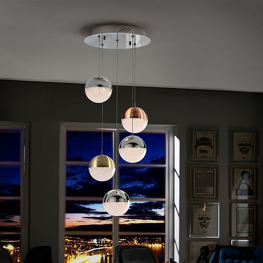 Plafonnier avec 5 lumières Led Metal Sphère, Ø33x120cm