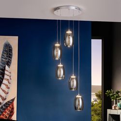 Ceiling Lamp with 5 Led Metal and Glass Nebula Mirrored lights, Ø35x130cm