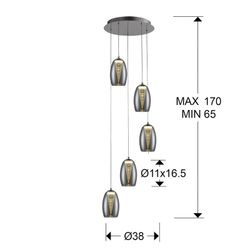 Ceiling Lamp with 5 Led Metal and Glass Nebula Mirrored lights, Ø35x130cm
