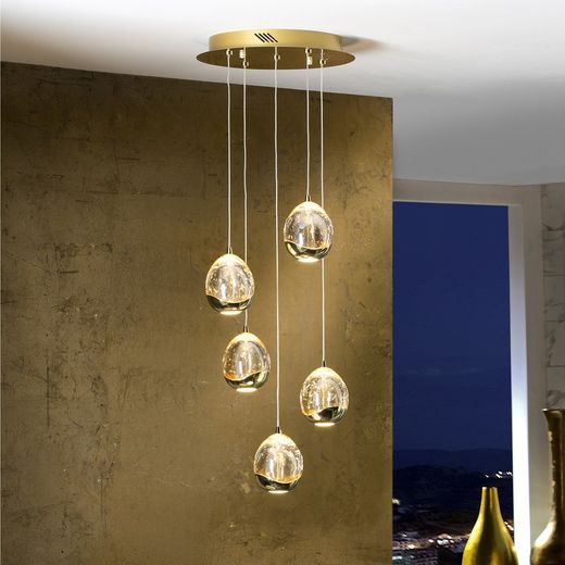 Ceiling Lamp with 5 Led Metal and Glass Golden Dew, Ø30x80cm