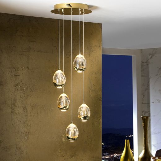 Ceiling Lamp with 5 Led Metal and Glass Golden Dew, Ø30x80cm