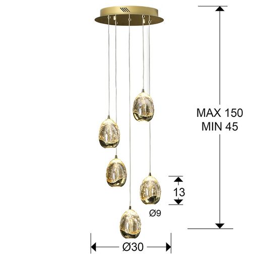 Ceiling Lamp with 5 Led Metal and Glass Golden Dew, Ø30x80cm