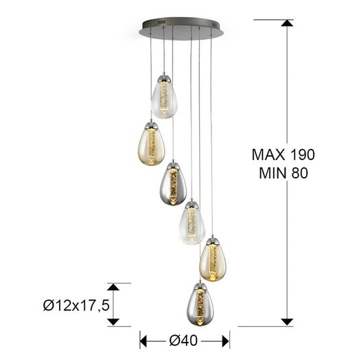 Taccia Metal and Glass Led Ceiling Lamp with 6 lights, Ø40x125cm