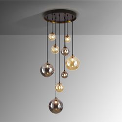 9-jasna kryształowa i ciemnoczarna/złota metalowa lampa sufitowa, Ø55x140 cm