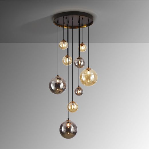 9-jasna kryształowa i ciemnoczarna/złota metalowa lampa sufitowa, Ø55x140 cm