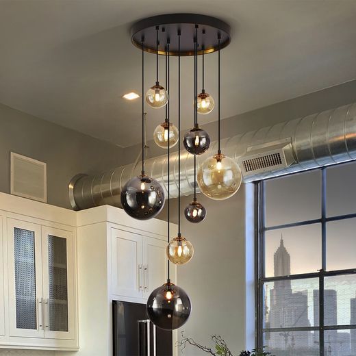 9-jasna kryształowa i ciemnoczarna/złota metalowa lampa sufitowa, Ø55x140 cm