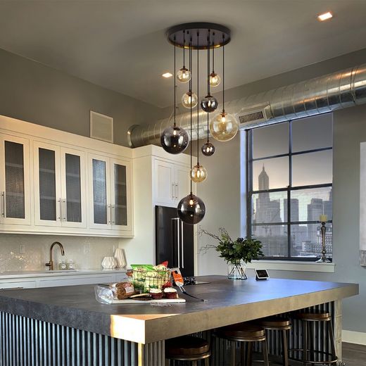 9-jasna kryształowa i ciemnoczarna/złota metalowa lampa sufitowa, Ø55x140 cm