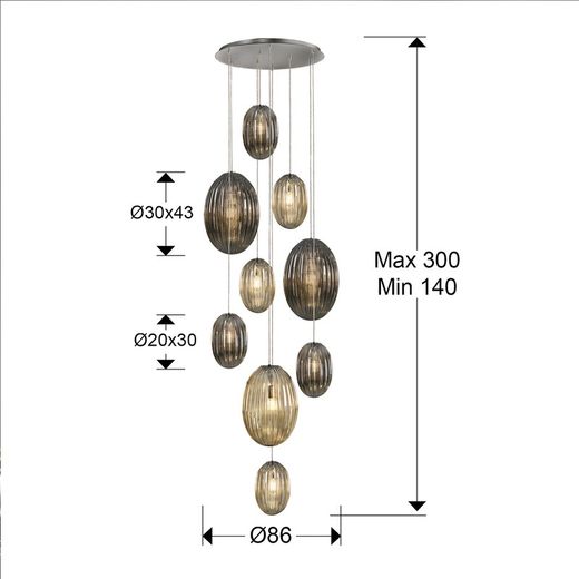 Ceiling Lamp of 9 lights in Metal and Glass Ovila, Ø86x230cm